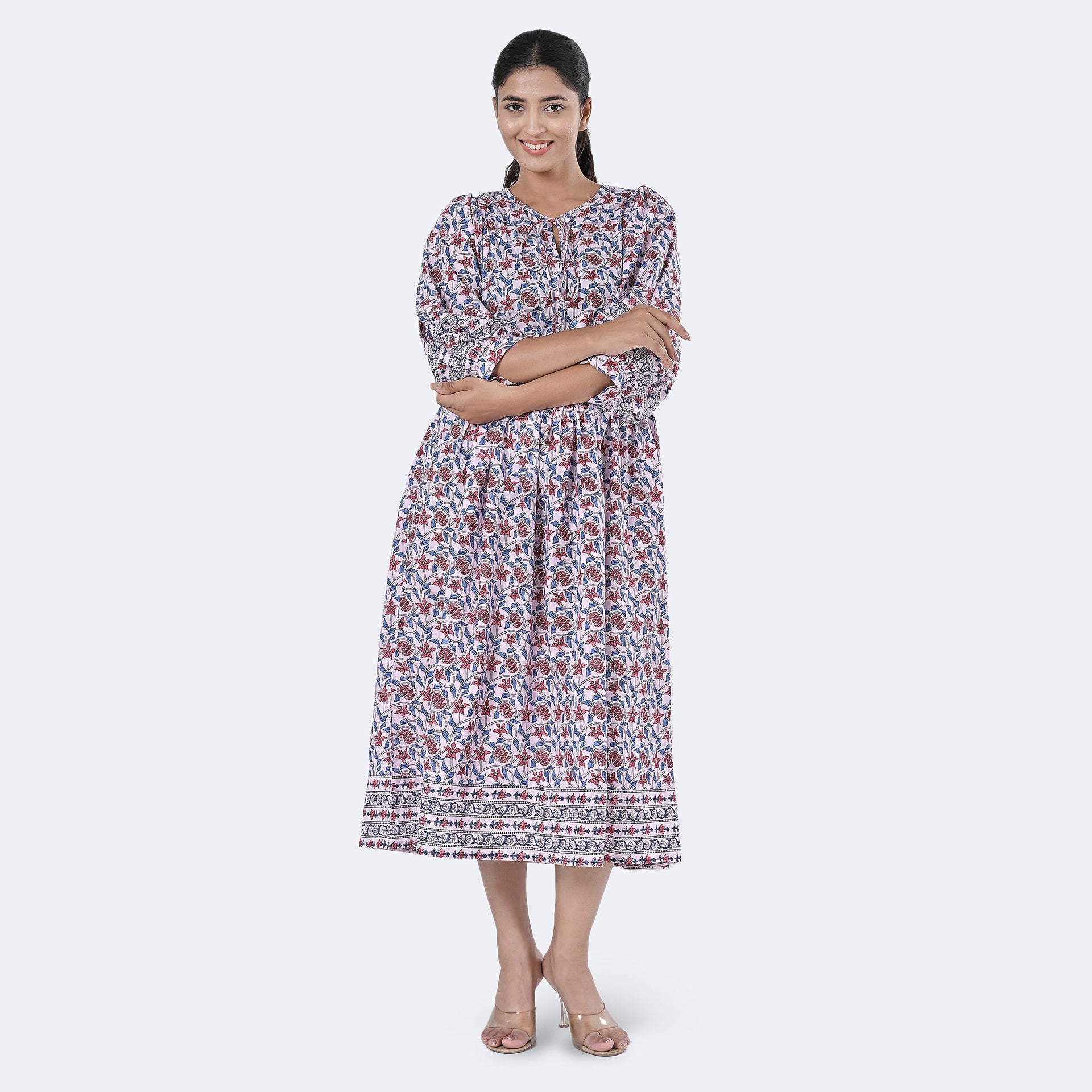 La Marey Womens Hand Block Print Cotton Dress with Bottom &amp; Sleeve Hem Border (Size M) - Purple 7989983 5