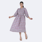 La Marey Womens Hand Block Print Cotton Dress with Bottom & Sleeve Hem Border (Size M) - Purple
