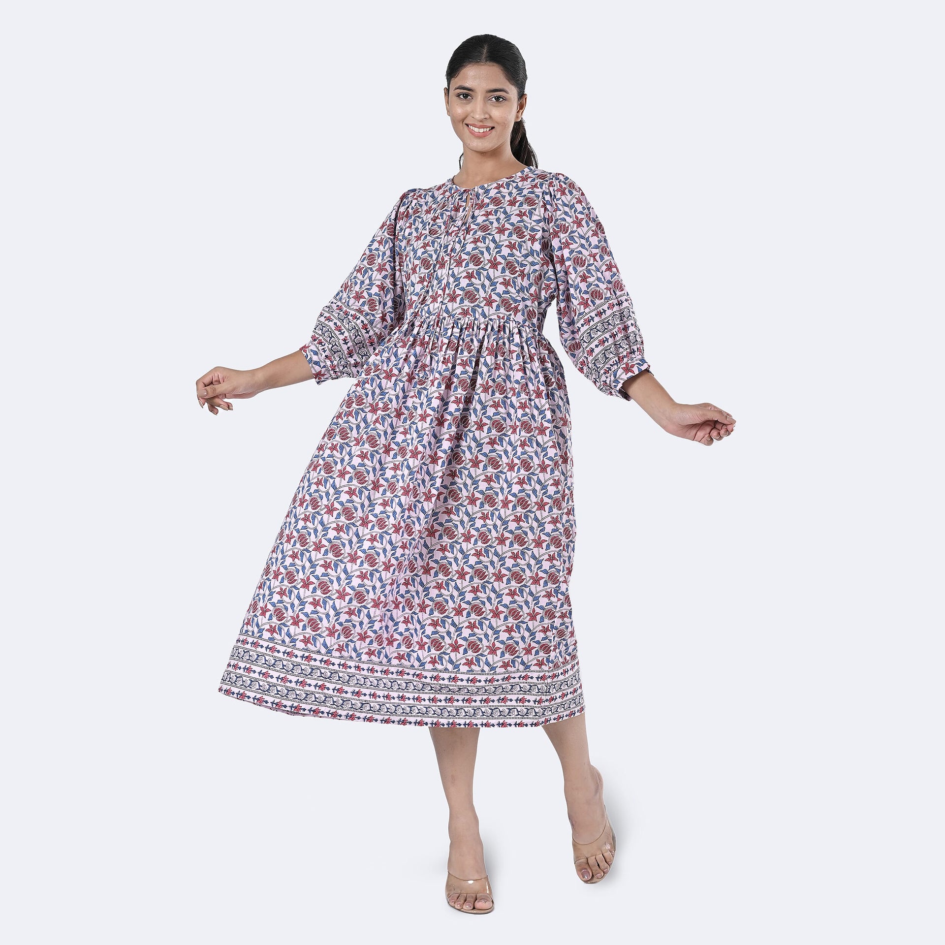 La Marey Womens Hand Block Print Cotton Dress with Bottom &amp; Sleeve Hem Border (Size M) - Purple 7989983 6