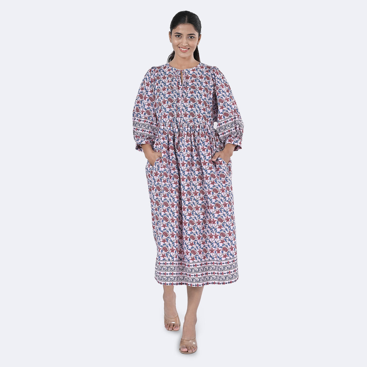 La Marey Womens Hand Block Print Cotton Dress with Bottom &amp; Sleeve Hem Border (Size M) - Purple 7989983 7