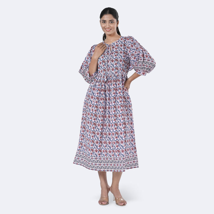 La Marey Womens Hand Block Print Cotton Dress with Bottom &amp; Sleeve Hem Border (Size L) - Purple 7989984 1