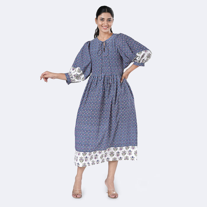 La Marey Womens Hand Block Print Cotton Dress with Bottom &amp; Sleeve Hem Border (Size XL, 20-22) - Blue 7989997 1