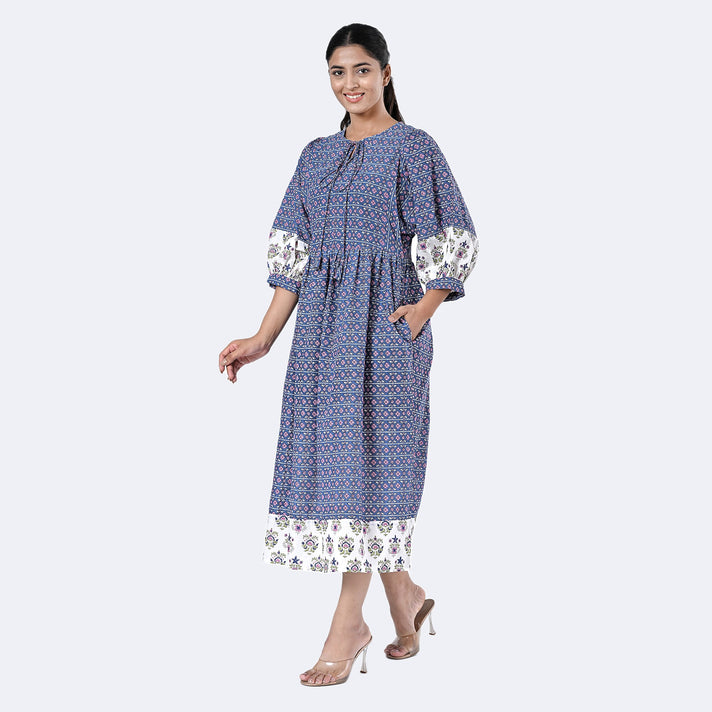 La Marey Womens Hand Block Print Cotton Dress with Bottom &amp; Sleeve Hem Border (Size XL, 20-22) - Blue 7989997 2