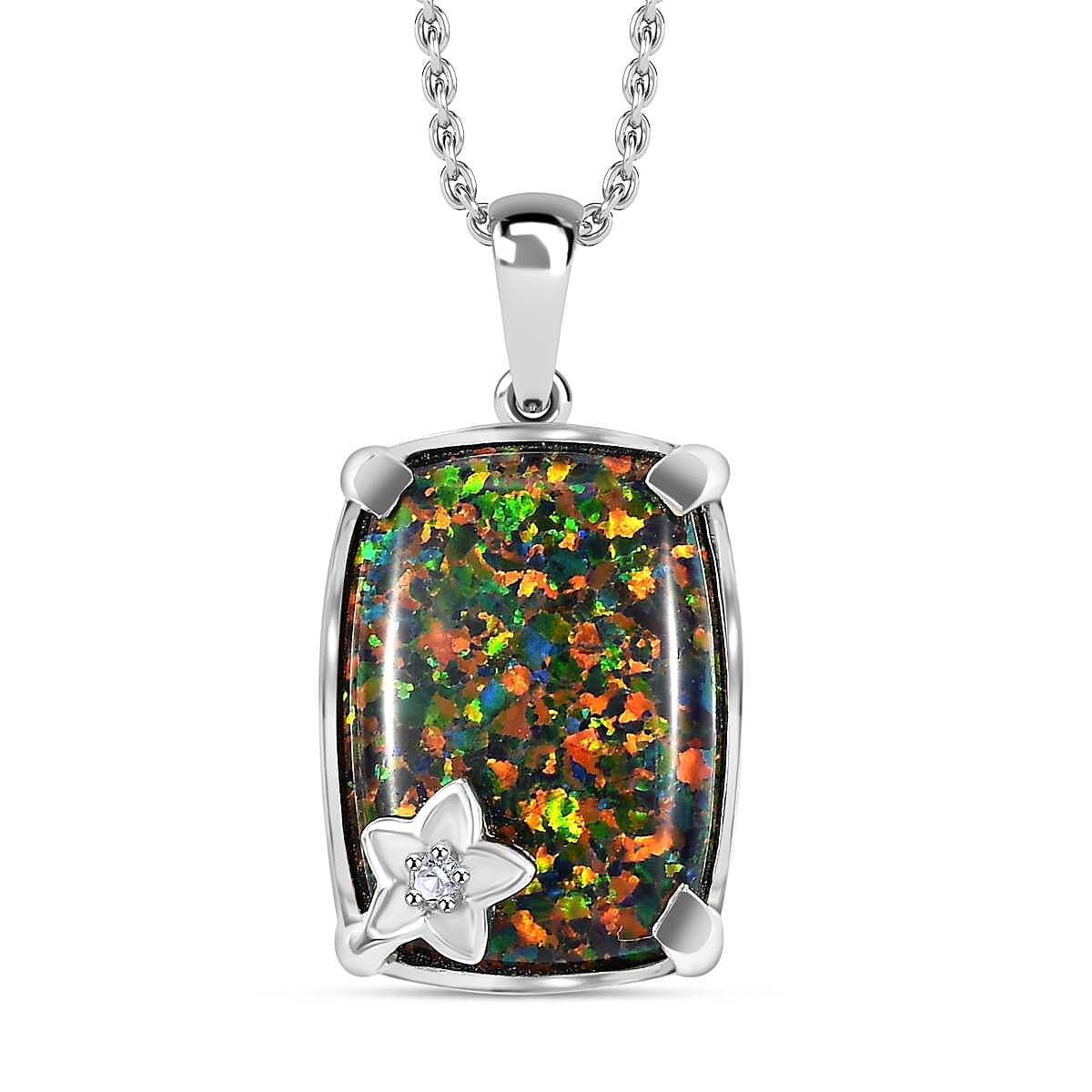 Lab Created Black Opal, White Zircon Pendant with Chain (Size 20) in Platinum Overlay Sterling Silver 5.22 Ct. 4299097 0