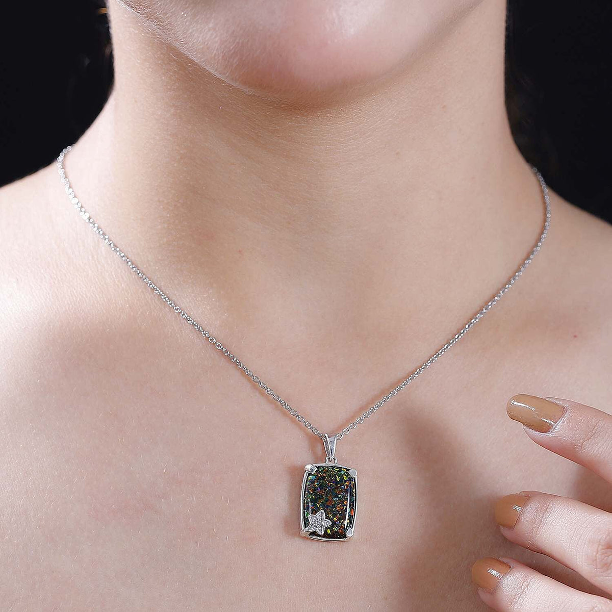 Lab Created Black Opal, White Zircon Pendant with Chain (Size 20) in Platinum Overlay Sterling Silver 5.22 Ct. 4299097 1