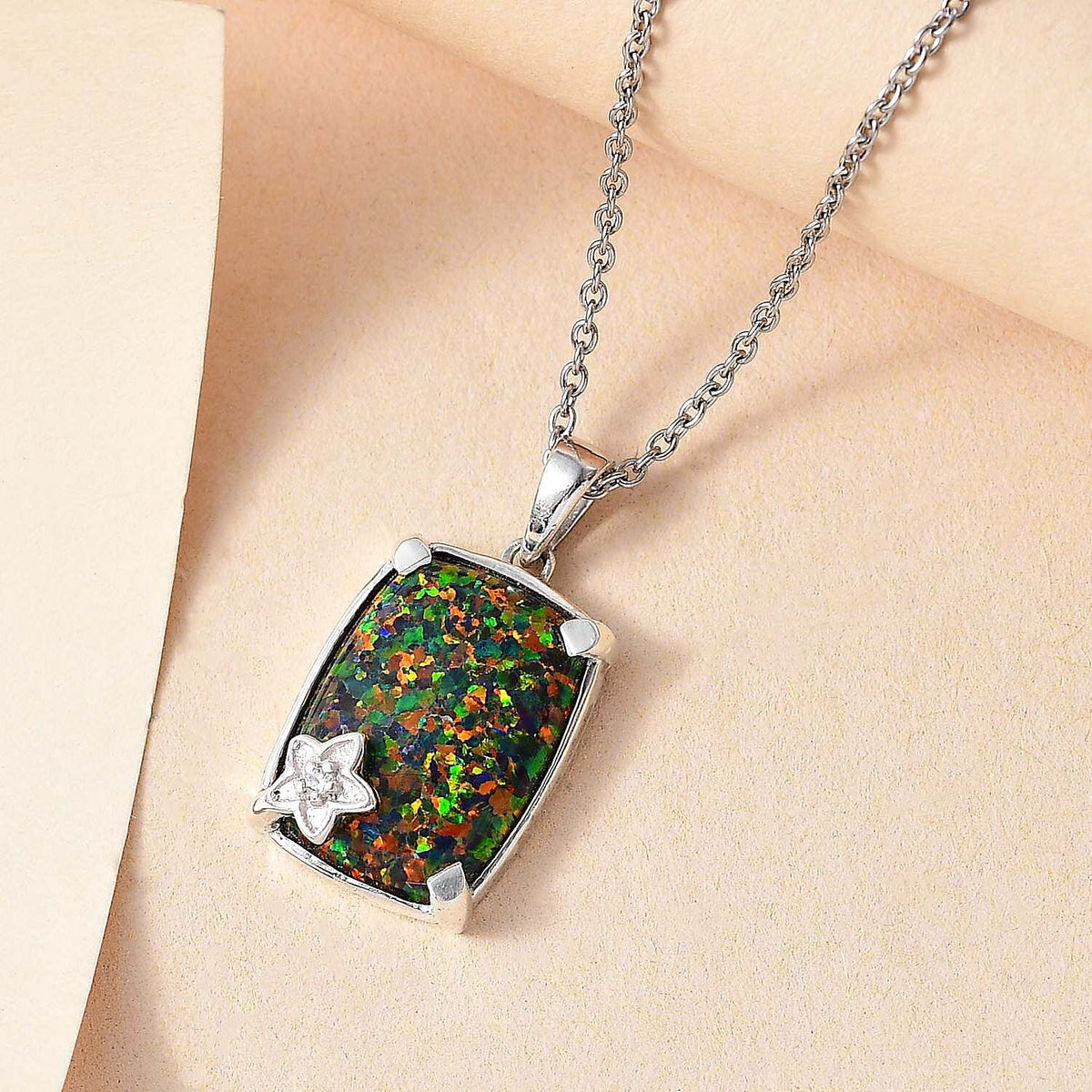 Lab Created Black Opal, White Zircon Pendant with Chain (Size 20) in Platinum Overlay Sterling Silver 5.22 Ct. 4299097 2