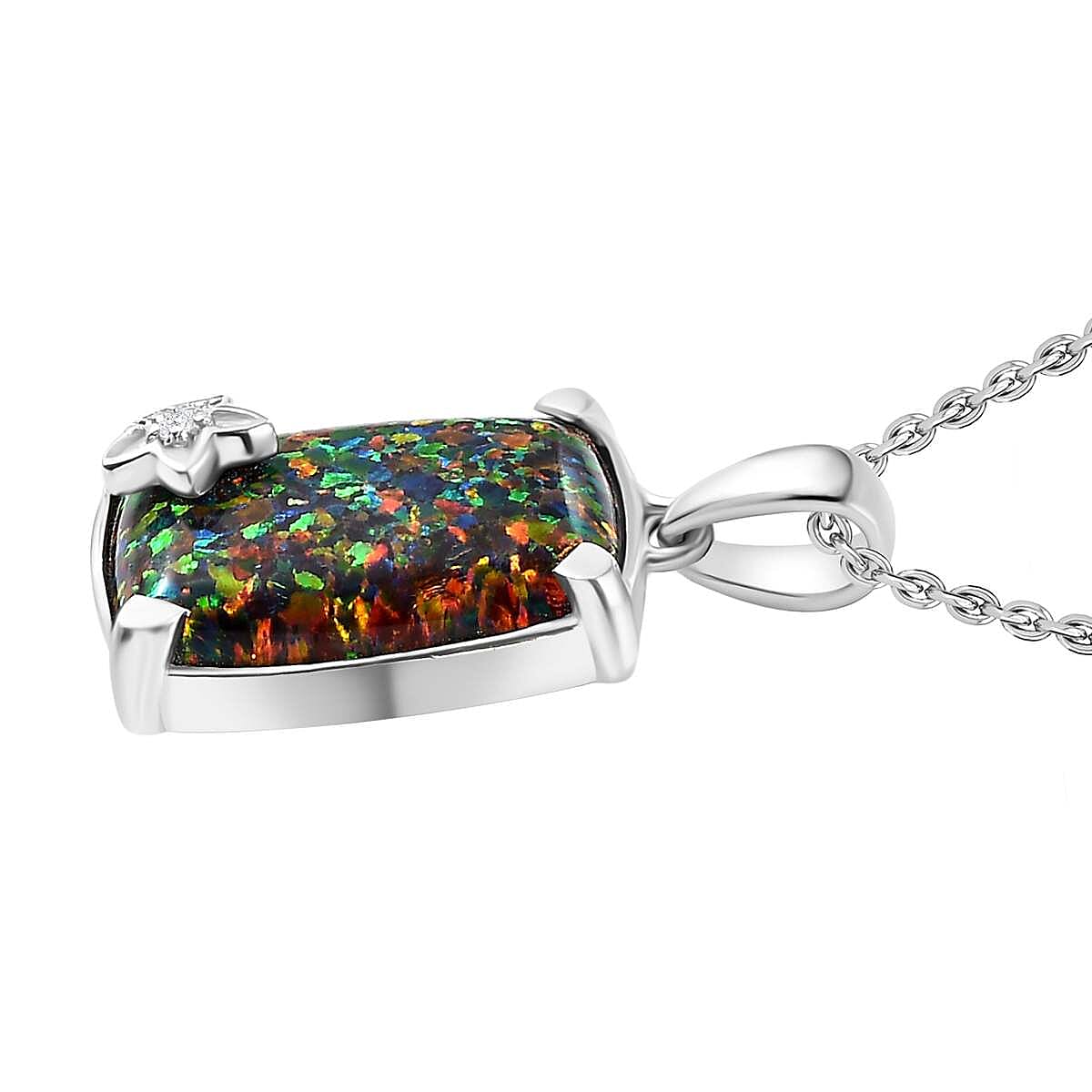 Lab Created Black Opal, White Zircon Pendant with Chain (Size 20) in Platinum Overlay Sterling Silver 5.22 Ct. 4299097 3