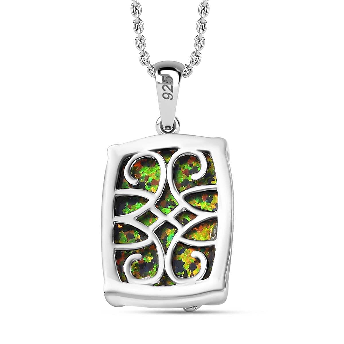 Lab Created Black Opal, White Zircon Pendant with Chain (Size 20) in Platinum Overlay Sterling Silver 5.22 Ct. 4299097 4