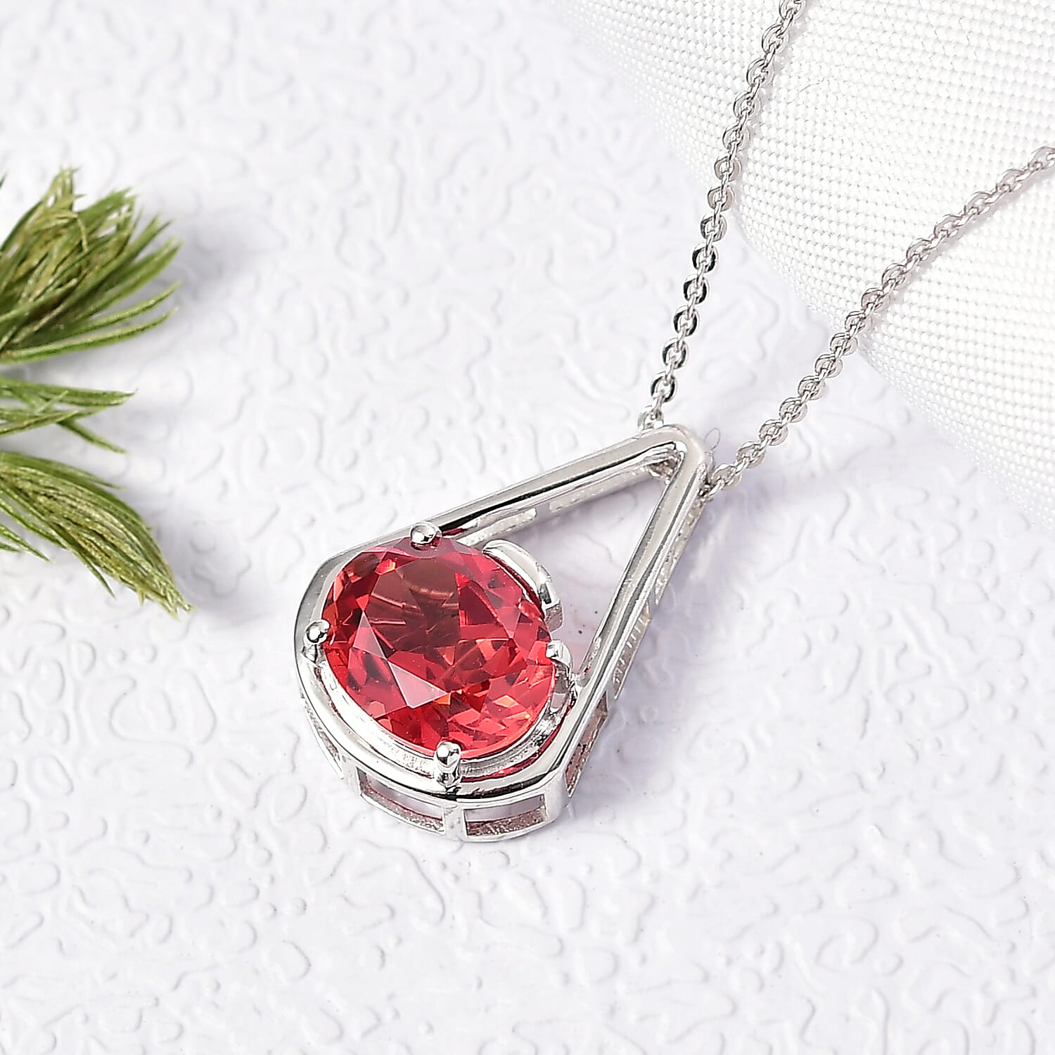 D'Joy Lab Grown Padparadscha Sapphire Drop Pendant with Chain (Size 20) in Platinum Overlay Sterling Silver 3.8 Ct. 4420741 2