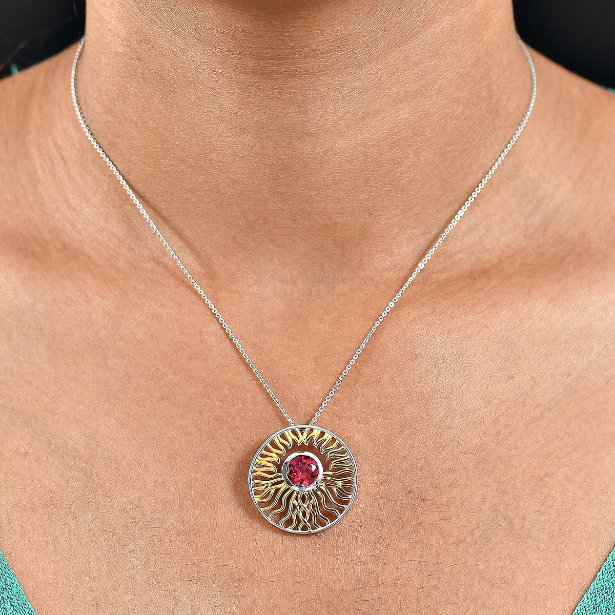 D'Joy Lab Grown Padparadscha Sapphire Pendant with Chain (Size 20) in Yellow Gold &amp; Platinum Overlay Sterling Silver 2.80 Ct, Silver Wt. 5.96 Gms. V32635896 2