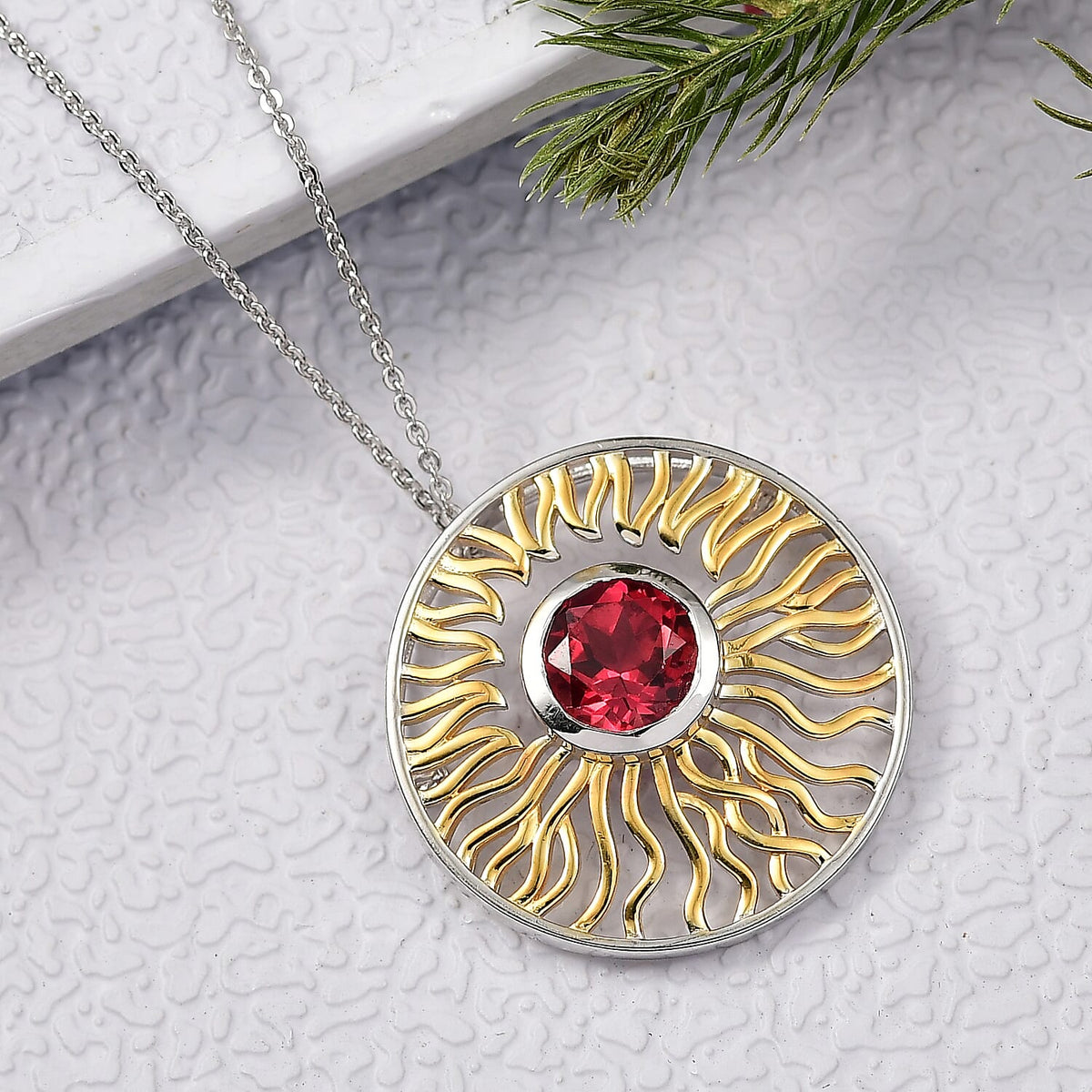 D'Joy Lab Grown Padparadscha Sapphire Pendant with Chain (Size 20) in Yellow Gold &amp; Platinum Overlay Sterling Silver 2.80 Ct, Silver Wt. 5.96 Gms. V32635896 3