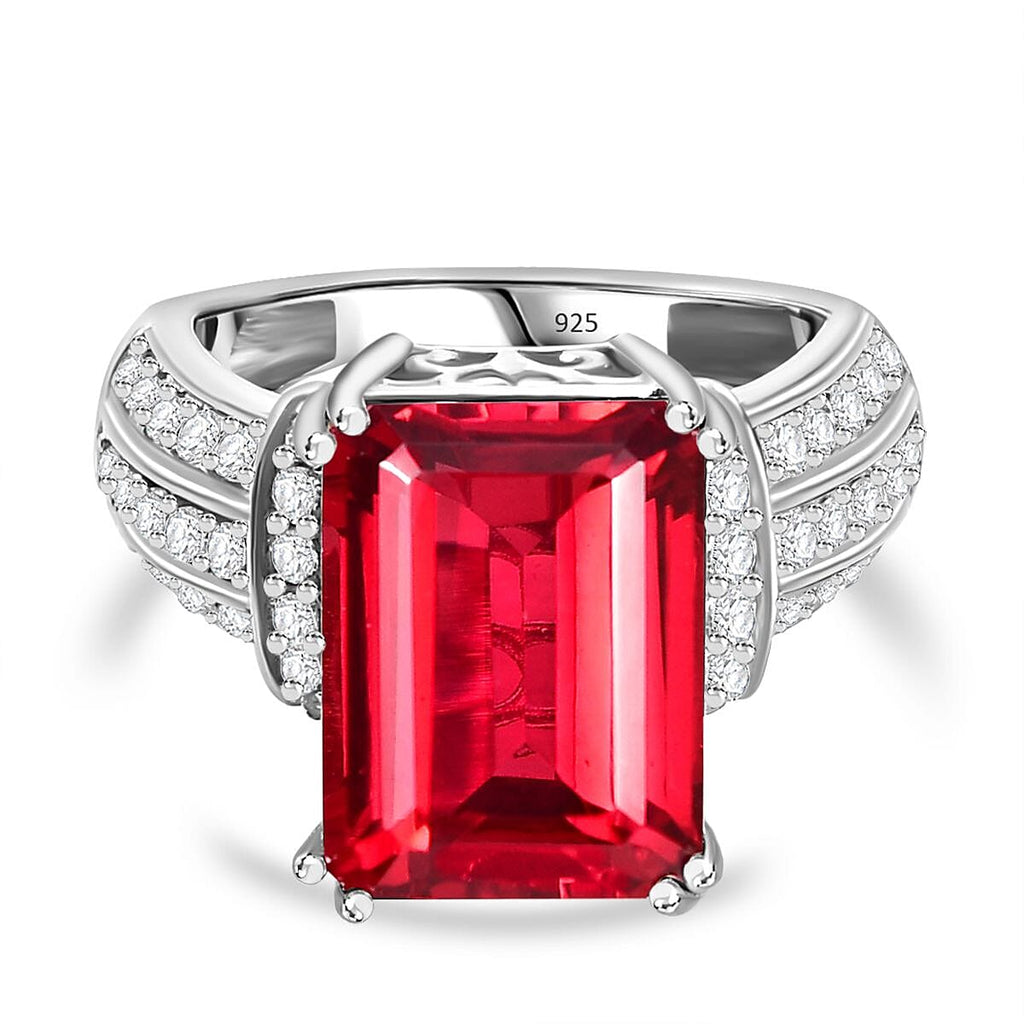 Lab Created Padparadscha Sapphire & Natural Zircon Halo Ring in Platinum Overlay Sterling Silver 12.70 Ct