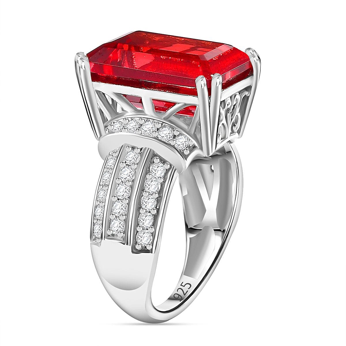 Lab Created Padparadscha Sapphire and Natural Zircon Ring in Platinum Overlay Sterling Silver 12.70 Ct 7773963 4