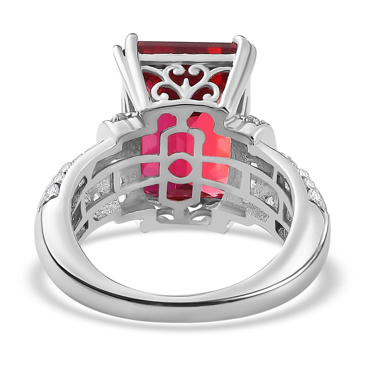 Lab Created Padparadscha Sapphire and Natural Zircon Ring in Platinum Overlay Sterling Silver 12.70 Ct 7773963 5