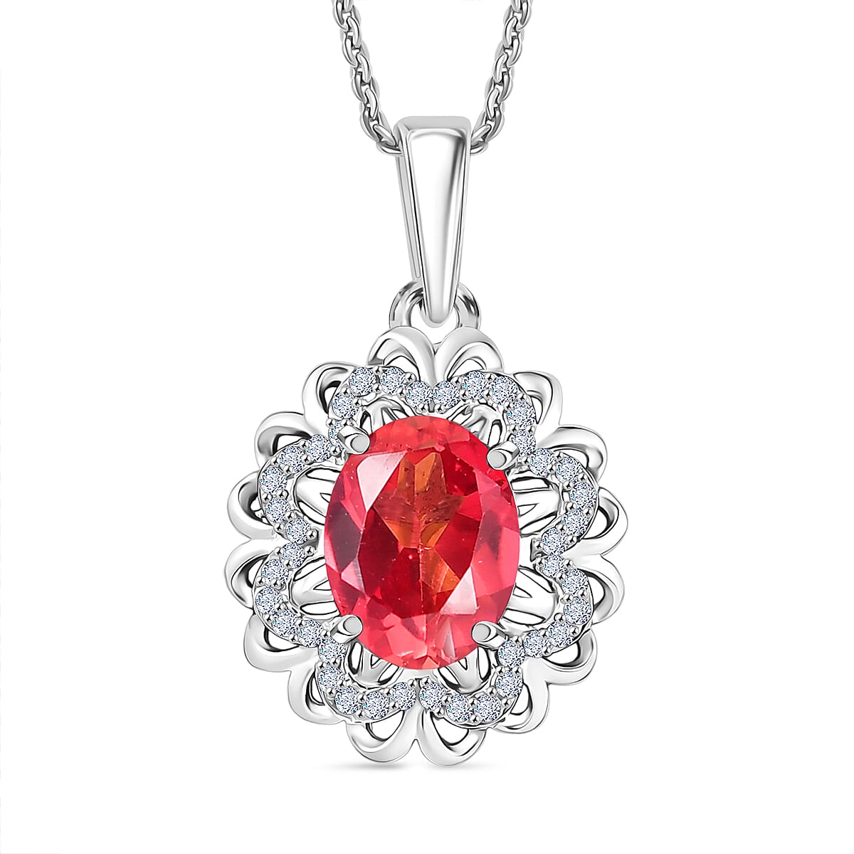 D'Joy Lab Grown Padparadscha Sapphire, White Zircon Pendant with Chain (Size 20) in Platinum Overlay Sterling Silver 2.86 Ct. 4420497 0