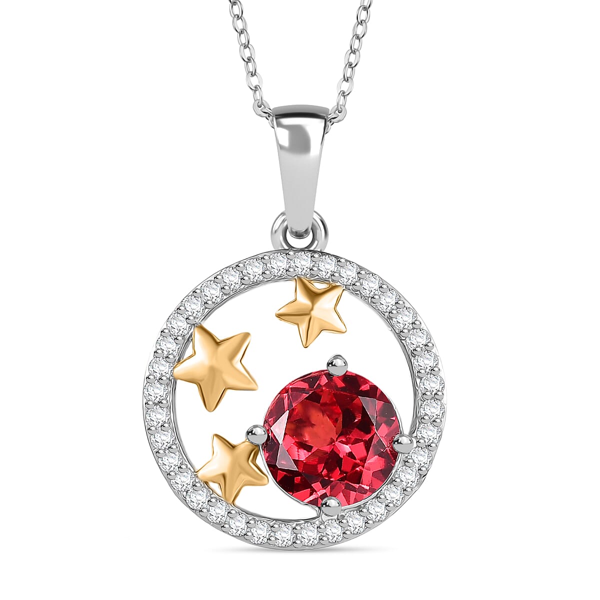D'Joy Lab Grown Padparadscha Sapphire, White Zircon Stars and Sun Pendant with Chain (Size 20) in Platinum Overlay Sterling Silver 3.42 Ct. 4420743 0