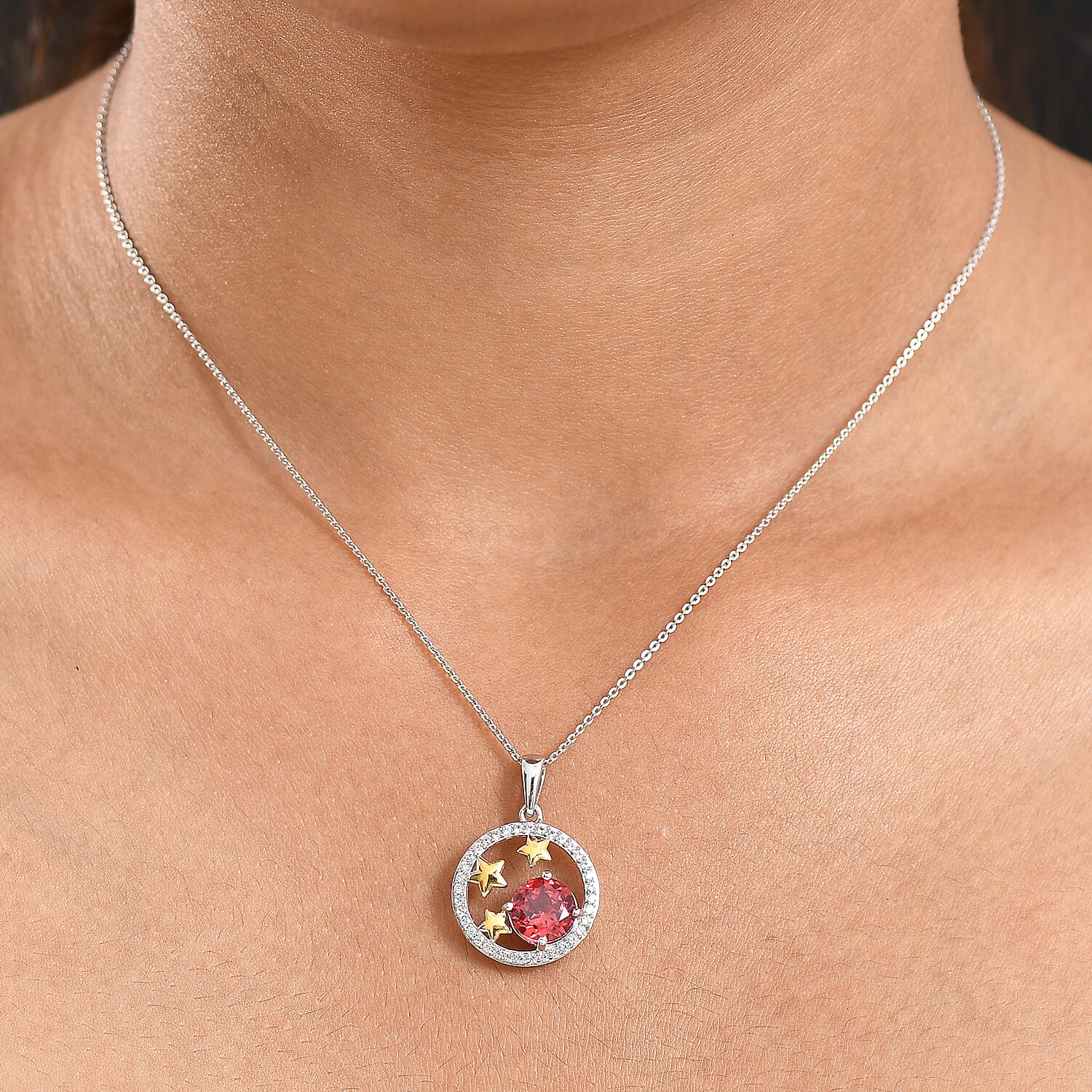 D'Joy Lab Grown Padparadscha Sapphire, White Zircon Stars and Sun Pendant with Chain (Size 20) in Platinum Overlay Sterling Silver 3.42 Ct. 4420743 2