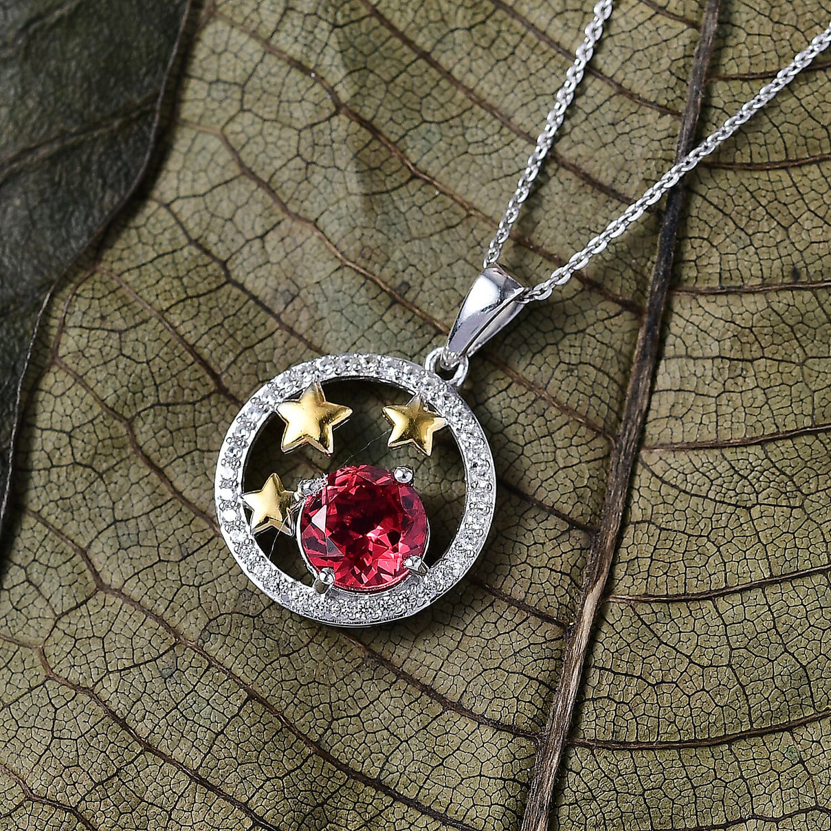 D'Joy Lab Grown Padparadscha Sapphire, White Zircon Stars and Sun Pendant with Chain (Size 20) in Platinum Overlay Sterling Silver 3.42 Ct. 4420743 3