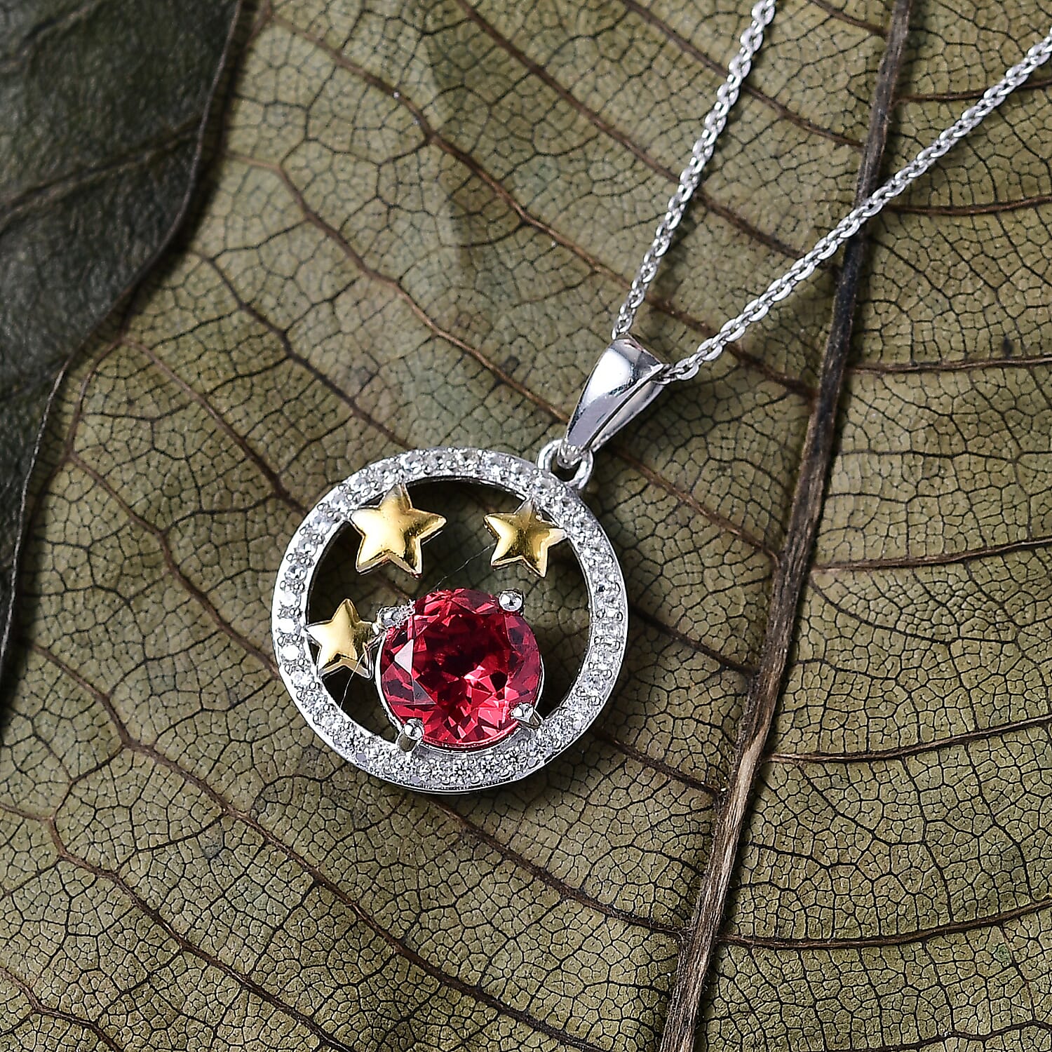 D'Joy Lab Grown Padparadscha Sapphire, White Zircon Stars and Sun Pendant with Chain (Size 20) in Platinum Overlay Sterling Silver 3.42 Ct. 4420743 3