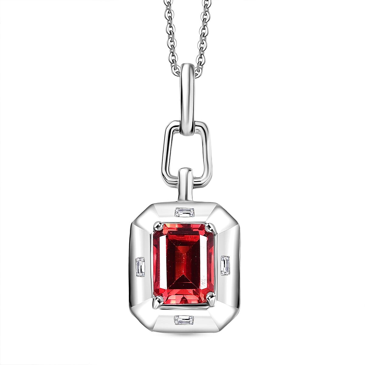 D'Joy Lab Grown Padparadscha Sapphire &amp; White Zircon Pendant with Curb Chain (Size 20) in Rhodium Overlay Sterling Silver 2.20 Ct. 4421783 0