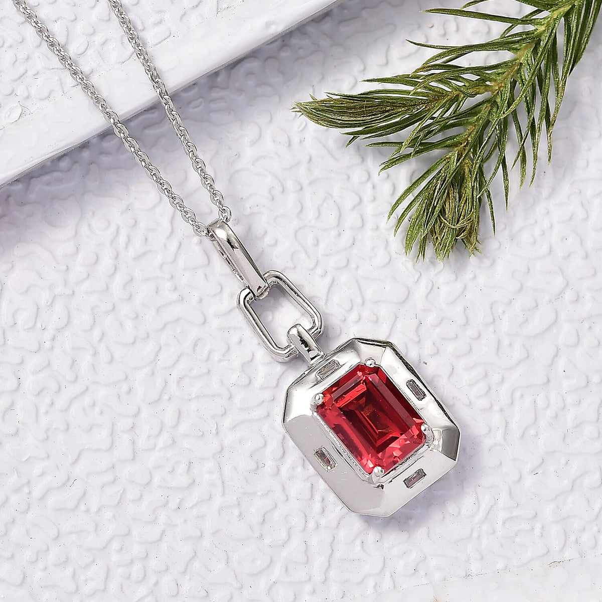 D'Joy Lab Grown Padparadscha Sapphire &amp; White Zircon Pendant with Curb Chain (Size 20) in Rhodium Overlay Sterling Silver 2.20 Ct. 4421783 2
