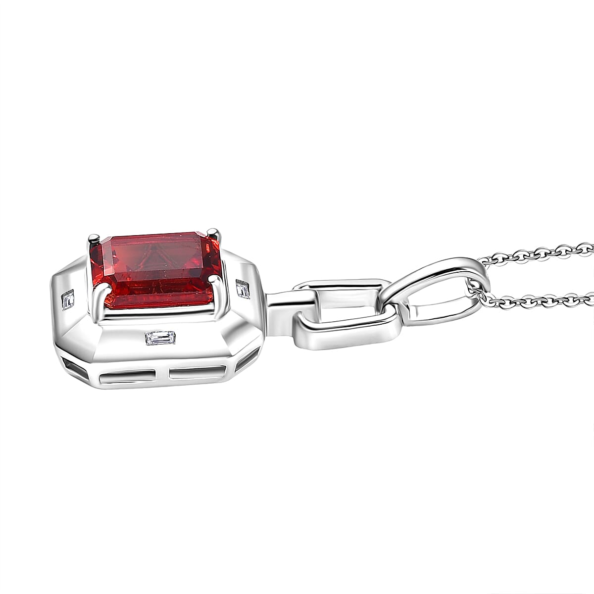 D'Joy Lab Grown Padparadscha Sapphire &amp; White Zircon Pendant with Curb Chain (Size 20) in Rhodium Overlay Sterling Silver 2.20 Ct. 4421783 3