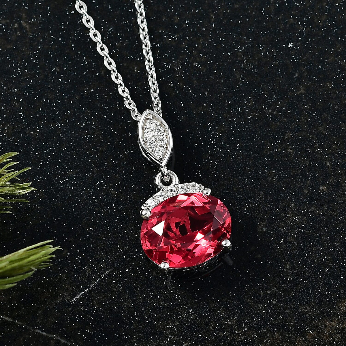 D'Joy Lab Grown Padparadscha Sapphire &amp; White Zircon Pendant with Chain (Size 20) in Rhodium Overlay Sterling Silver 2.67 Ct. 4421784 1