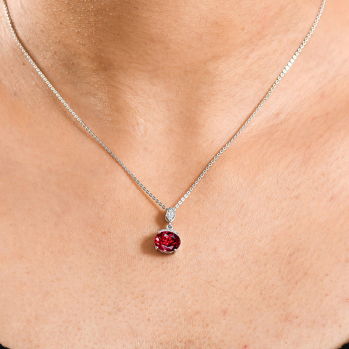 D'Joy Lab Grown Padparadscha Sapphire &amp; White Zircon Pendant with Chain (Size 20) in Rhodium Overlay Sterling Silver 2.67 Ct. 4421784 2