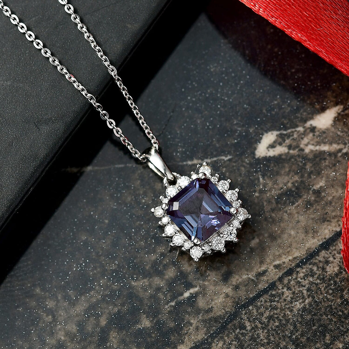 D'Joy Lab Grown Alexandrite, Moissanite Pendant with Chain (Size 20) in Rhodium Overlay Sterling Silver 2.30 Ct. 4425238 2