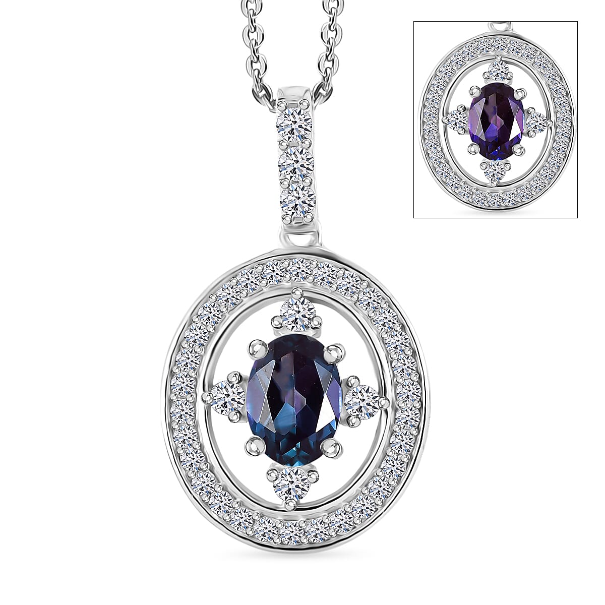 Luxuriant Lab Grown Alexandrite &amp; White Zircon Pendant with Chain (Size 20) in Rhodium Overlay Sterling Silver 1.53 Ct. V32516103 0