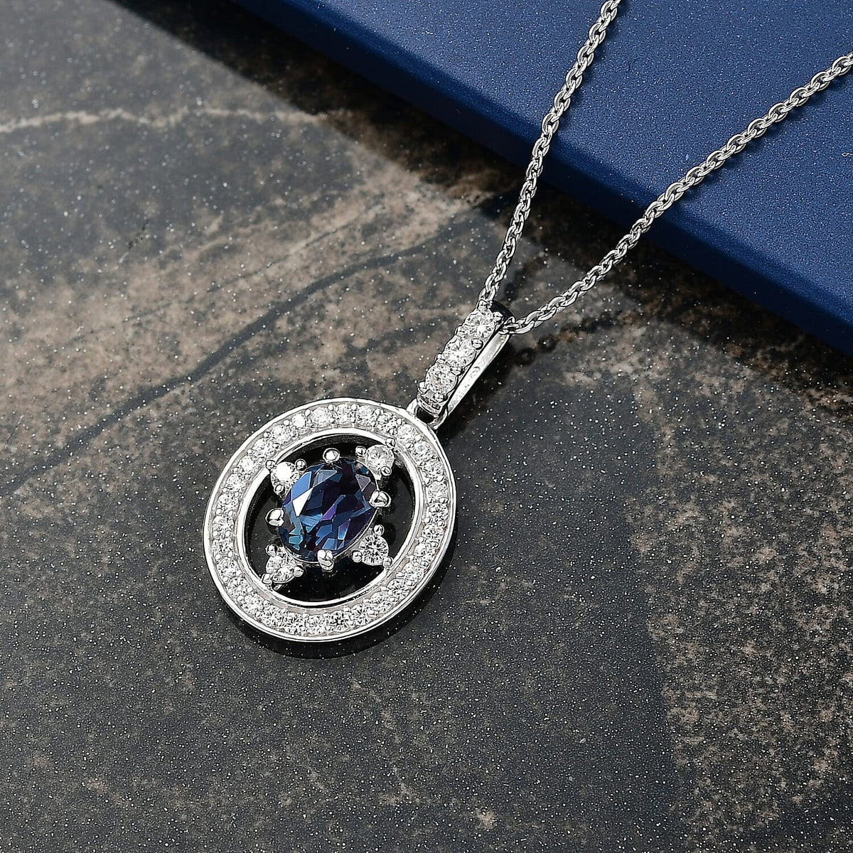 Luxuriant Lab Grown Alexandrite &amp; White Zircon Pendant with Chain (Size 20) in Rhodium Overlay Sterling Silver 1.53 Ct. V32516103 2