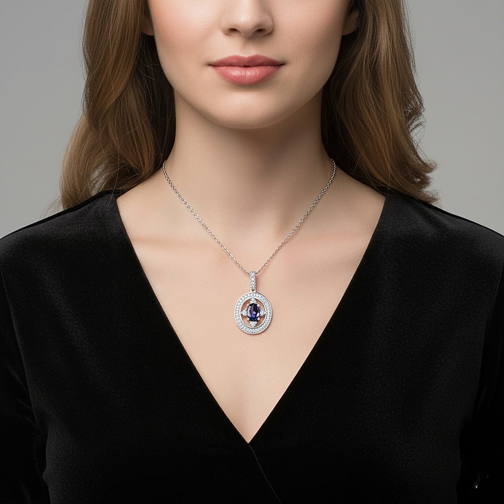 Luxuriant Lab Grown Alexandrite &amp; White Zircon Pendant with Chain (Size 20) in Rhodium Overlay Sterling Silver 1.53 Ct. V32516103 3