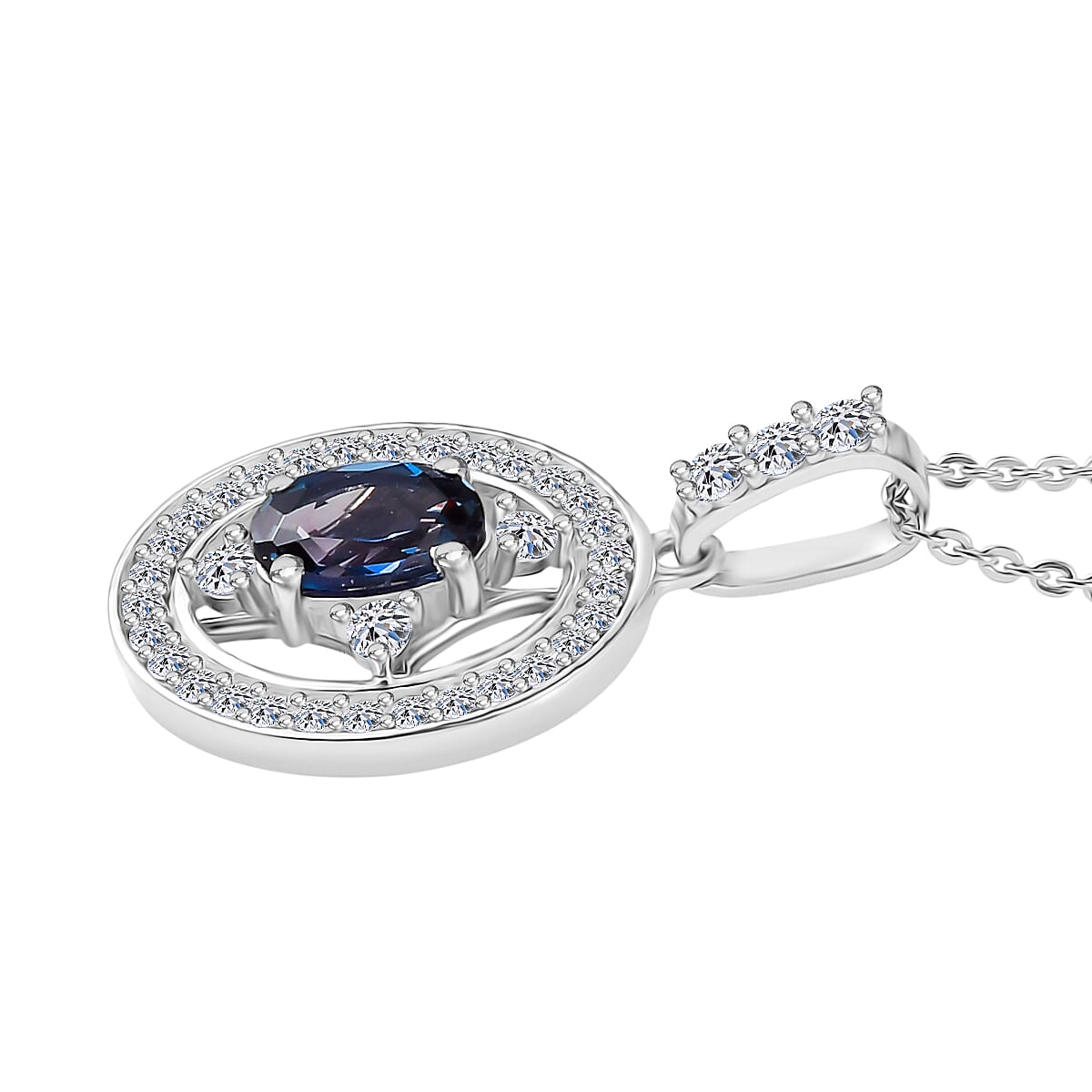 Luxuriant Lab Grown Alexandrite &amp; White Zircon Pendant with Chain (Size 20) in Rhodium Overlay Sterling Silver 1.53 Ct. V32516103 4