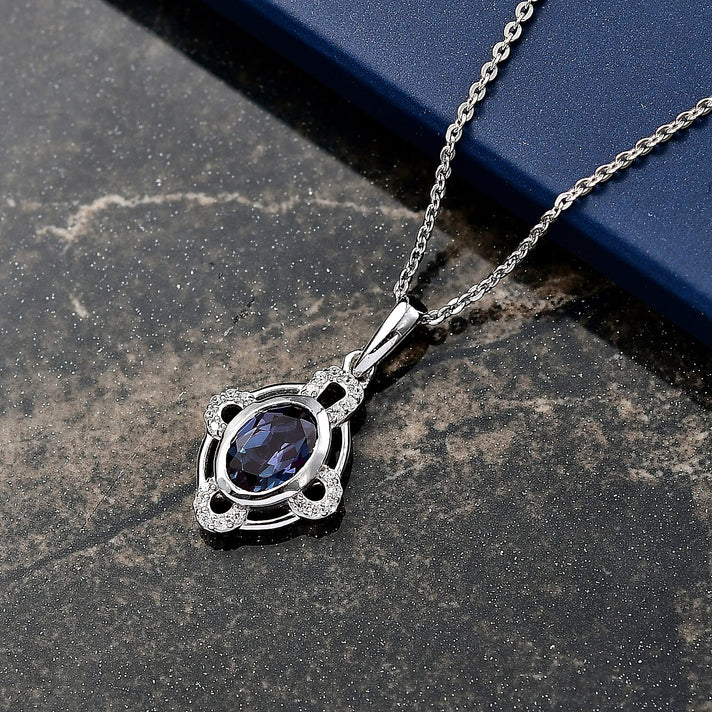 Luxuriant Lab Grown Alexandrite &amp; White Zircon Pendant with Chain (Size 20) in Rhodium Overlay Sterling Silver 1.03 Ct. (Product Dimension L- 20.50 W-10.40 H-3.10mm). 4425395 2