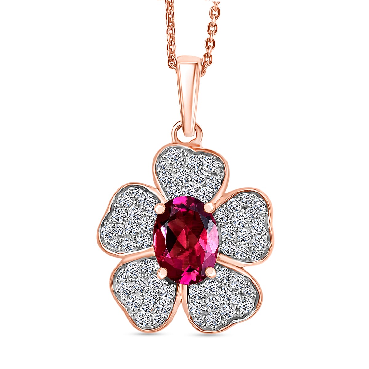 Lab Grown Bixbite &amp; White Zircon Floral Pendant with Chain (Size 20) in 18K Vermeil Rose Gold Plated Sterling Silver 2.16 Ct. 4422221 0