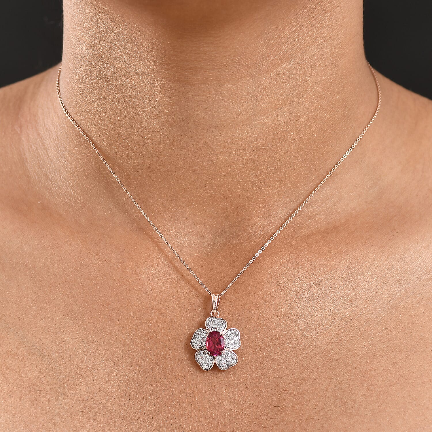 Lab Grown Bixbite &amp; White Zircon Floral Pendant with Chain (Size 20) in 18K Vermeil Rose Gold Plated Sterling Silver 2.16 Ct. 4422221 2