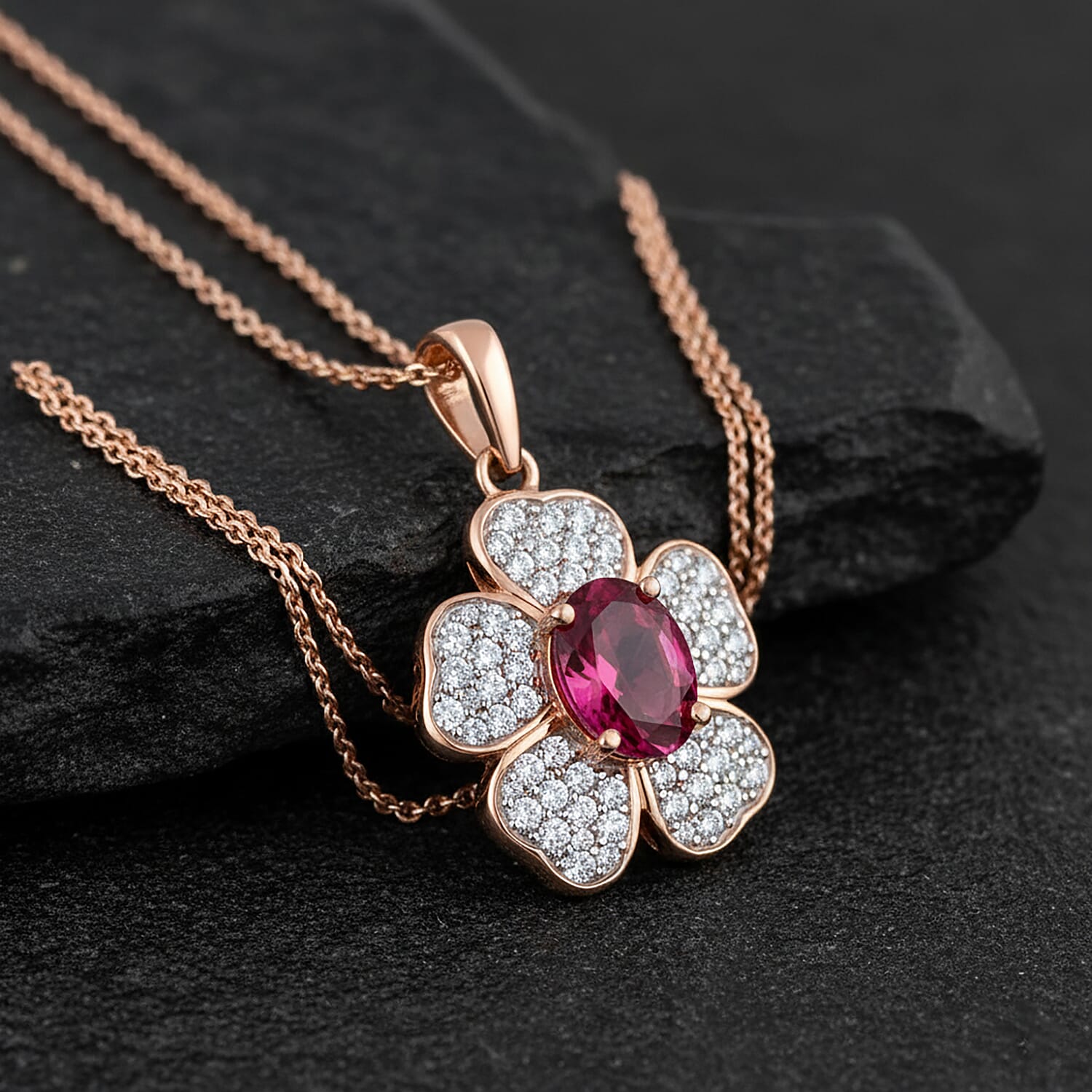 Lab Grown Bixbite &amp; White Zircon Floral Pendant with Chain (Size 20) in 18K Vermeil Rose Gold Plated Sterling Silver 2.16 Ct. 4422221 3