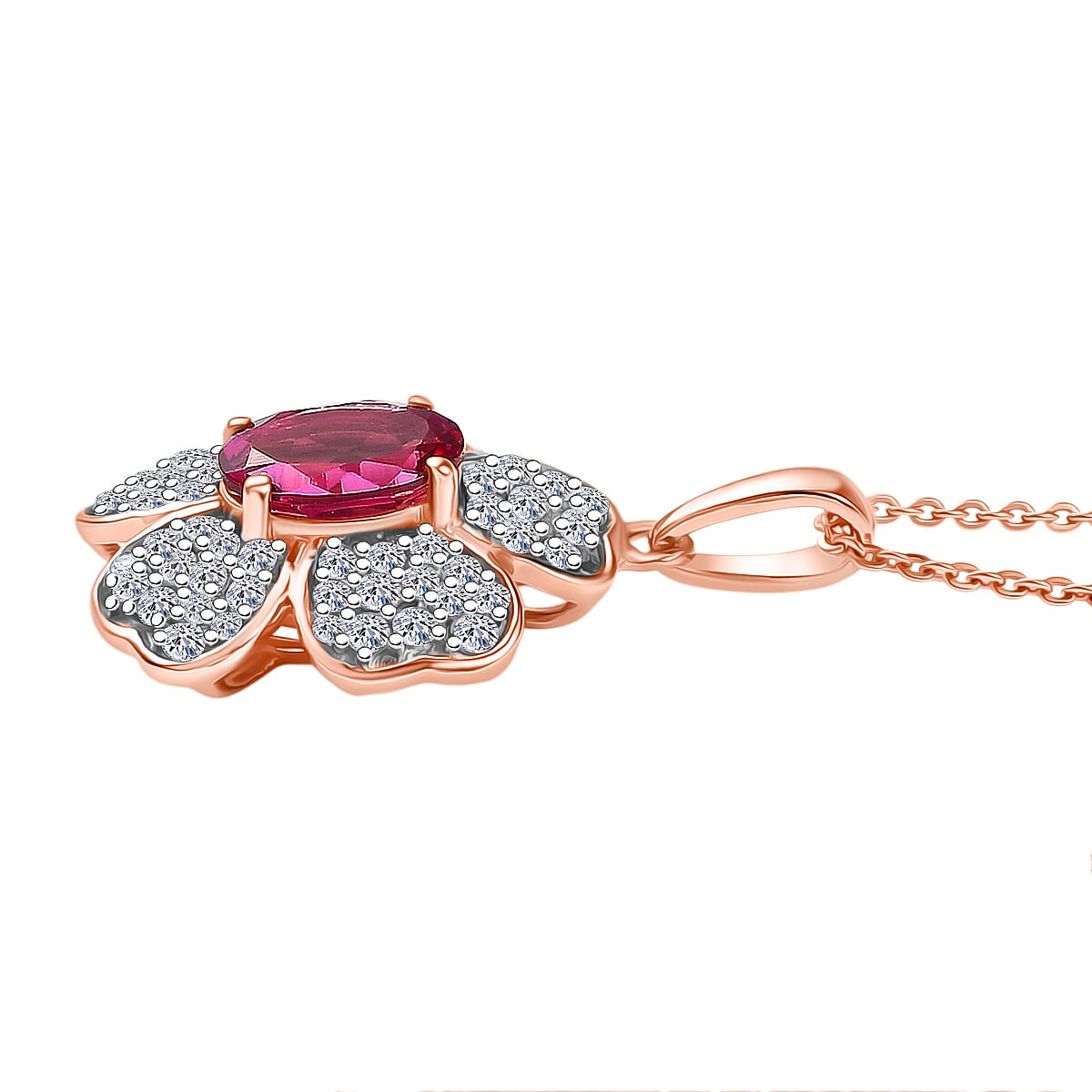 Lab Grown Bixbite &amp; White Zircon Floral Pendant with Chain (Size 20) in 18K Vermeil Rose Gold Plated Sterling Silver 2.16 Ct. 4422221 4