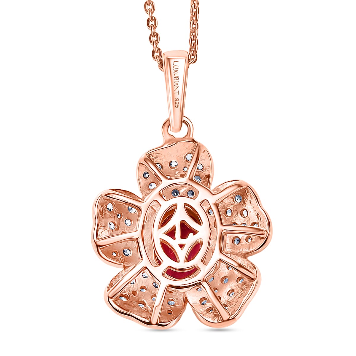 Lab Grown Bixbite &amp; White Zircon Floral Pendant with Chain (Size 20) in 18K Vermeil Rose Gold Plated Sterling Silver 2.16 Ct. 4422221 5