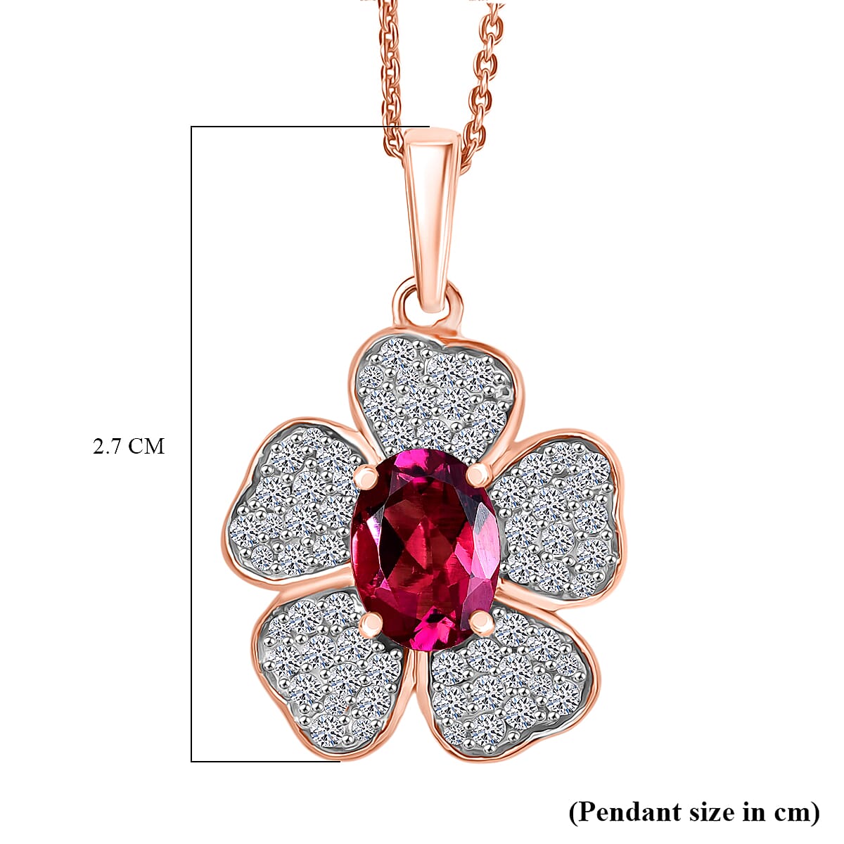 Lab Grown Bixbite &amp; White Zircon Floral Pendant with Chain (Size 20) in 18K Vermeil Rose Gold Plated Sterling Silver 2.16 Ct. 4422221 7