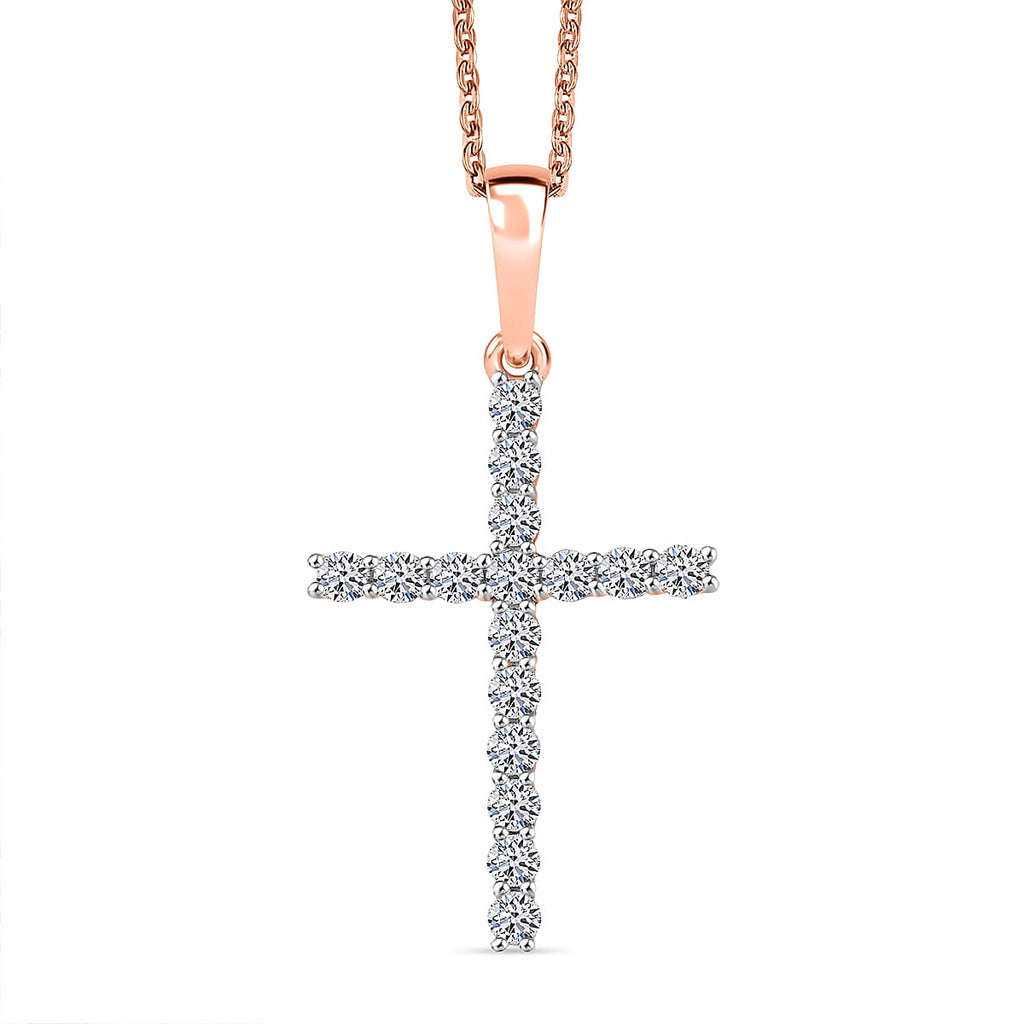 Luxuriant Lab Grown Diamond (SI-GH) Cross Pendant with Chain (Size 20) in 18K Vermeil Rose Gold Plated Sterling Silver