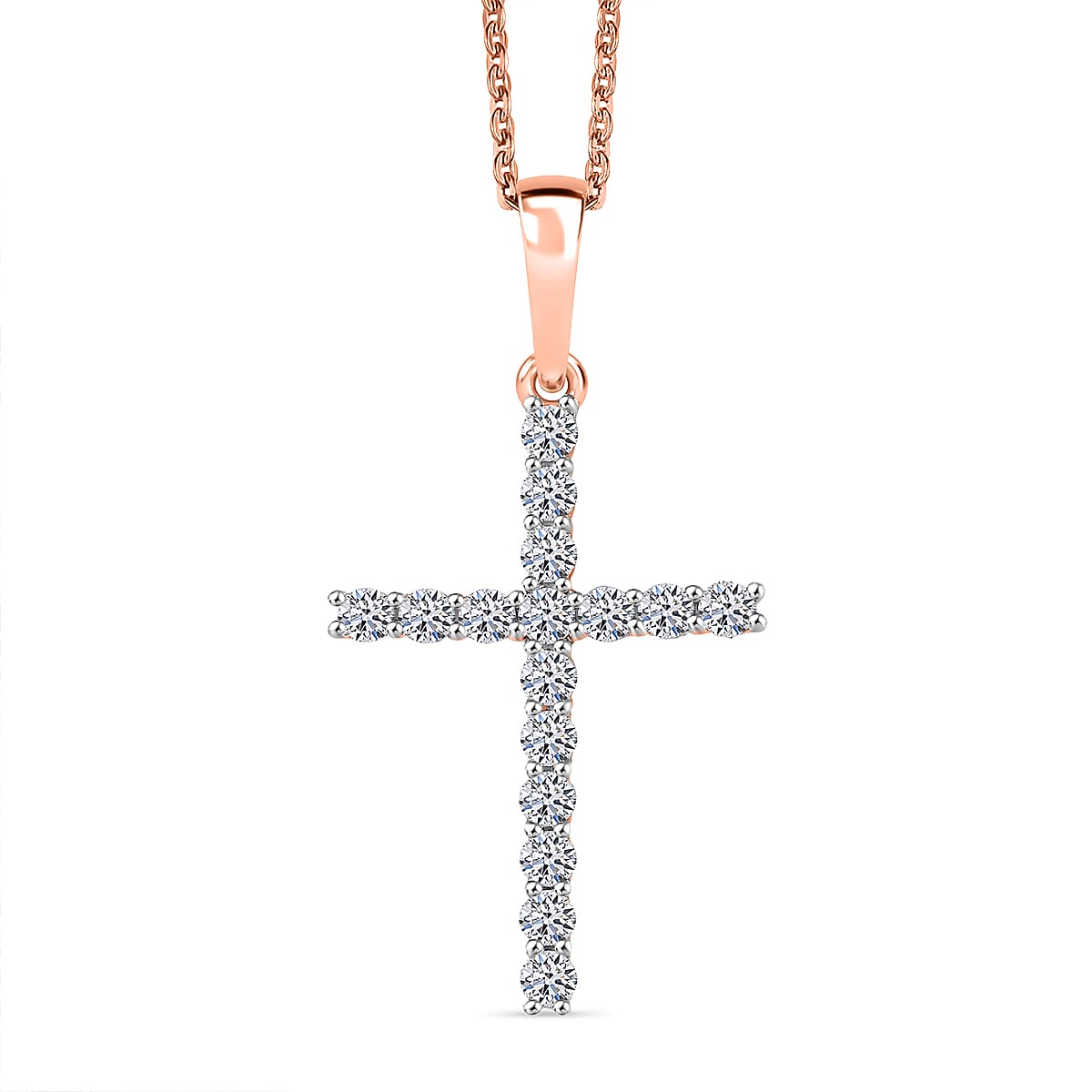 LUXURIANT Lab Grown Diamond Cross Pendant with Torn Chain 19DC (Size 20) in 18K Vermeil Rose Gold Plated Sterling Silver (SI-GH) 4428205 0