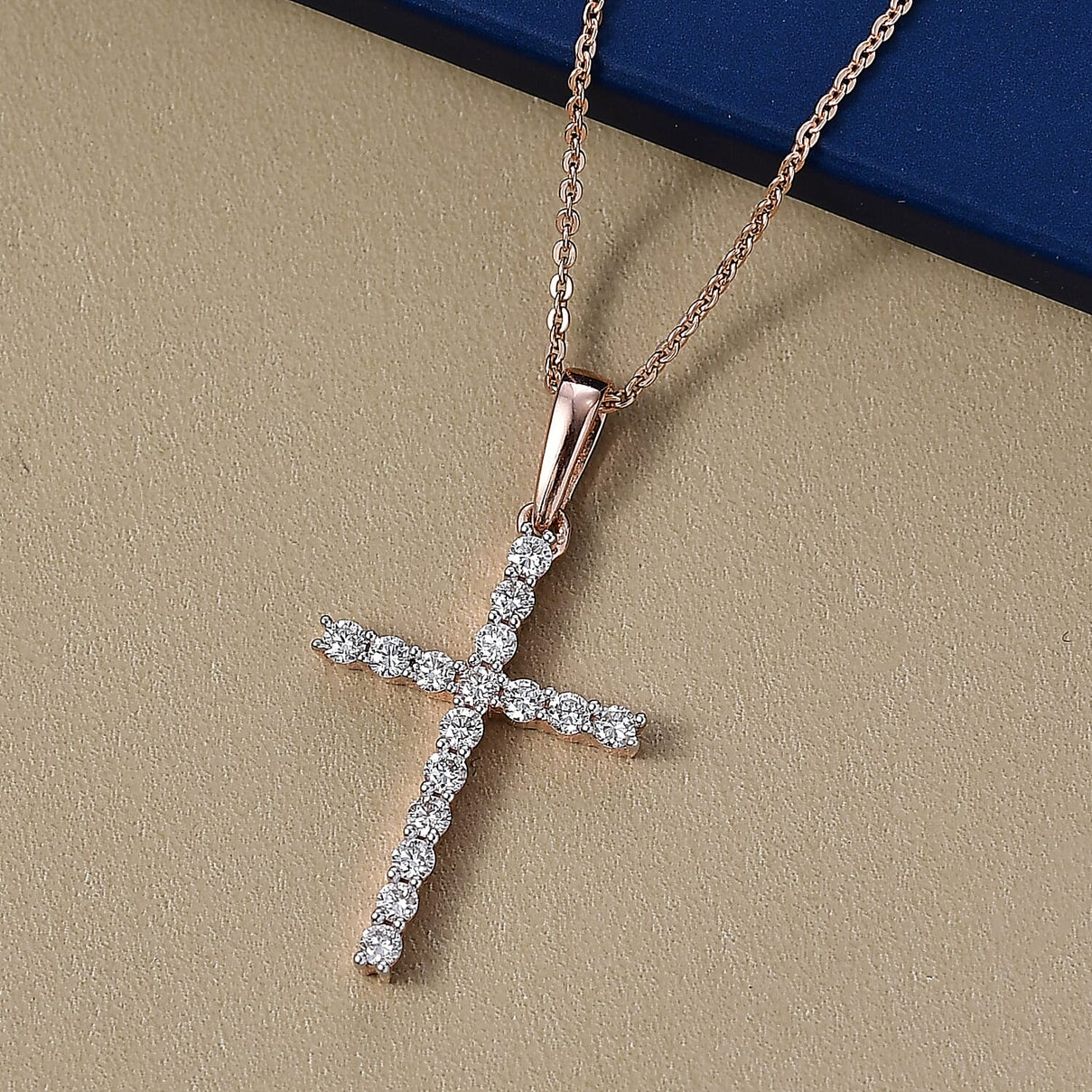 LUXURIANT Lab Grown Diamond Cross Pendant with Torn Chain 19DC (Size 20) in 18K Vermeil Rose Gold Plated Sterling Silver (SI-GH) 4428205 3