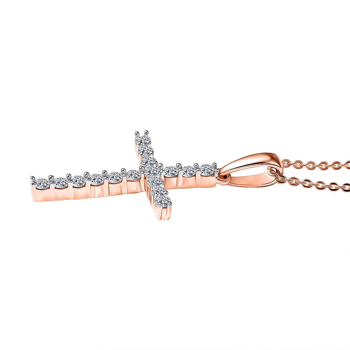 LUXURIANT Lab Grown Diamond Cross Pendant with Torn Chain 19DC (Size 20) in 18K Vermeil Rose Gold Plated Sterling Silver (SI-GH) 4428205 4