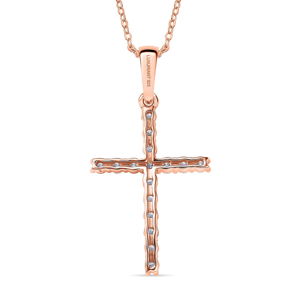 Luxuriant Lab Grown Diamond (SI-GH) Cross Pendant with Chain (Size 20) in 18K Vermeil Rose Gold Plated Sterling Silver