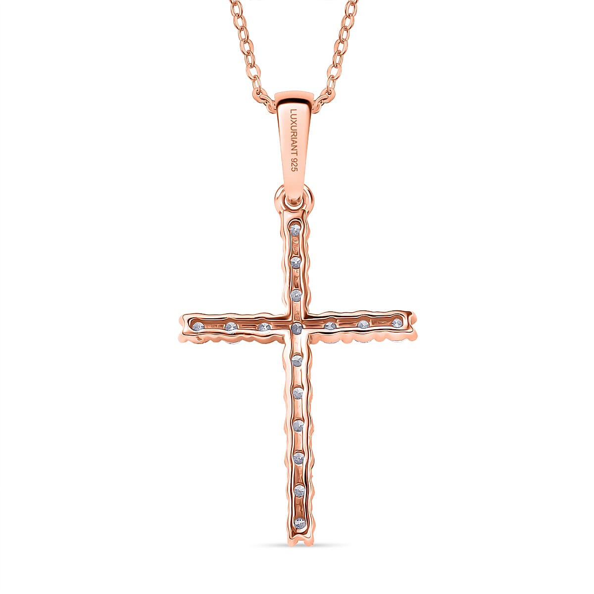 LUXURIANT Lab Grown Diamond Cross Pendant with Torn Chain 19DC (Size 20) in 18K Vermeil Rose Gold Plated Sterling Silver (SI-GH) 4428205 5