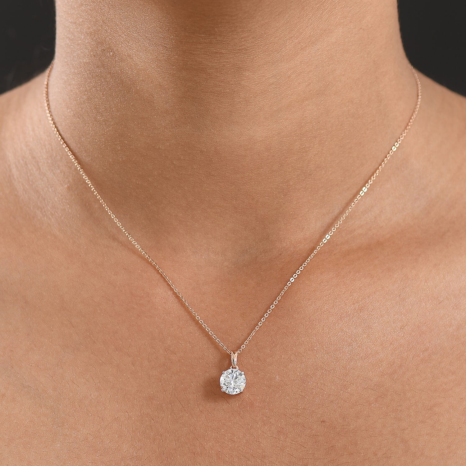 LUXURIANT 1.50 Ct. Lab Grown Diamond Round Solitaire Pendant with Chain (Size 20) in 18K Vermeil Rose Gold Plated Sterling Silver (SI-GH) 4428231 2