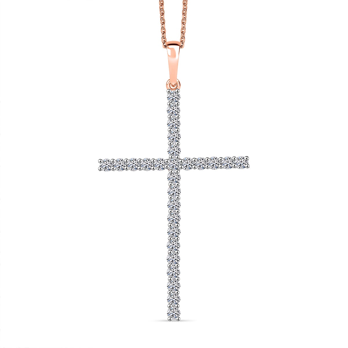 LUXURIANT 1.5 Ct. Lab Grown Diamond Cross Pendant with Torn Chain 19DC (Size 20) in 18K Vermeil Rose Gold Over Sterling Silver (SI-GH) 4428968 0