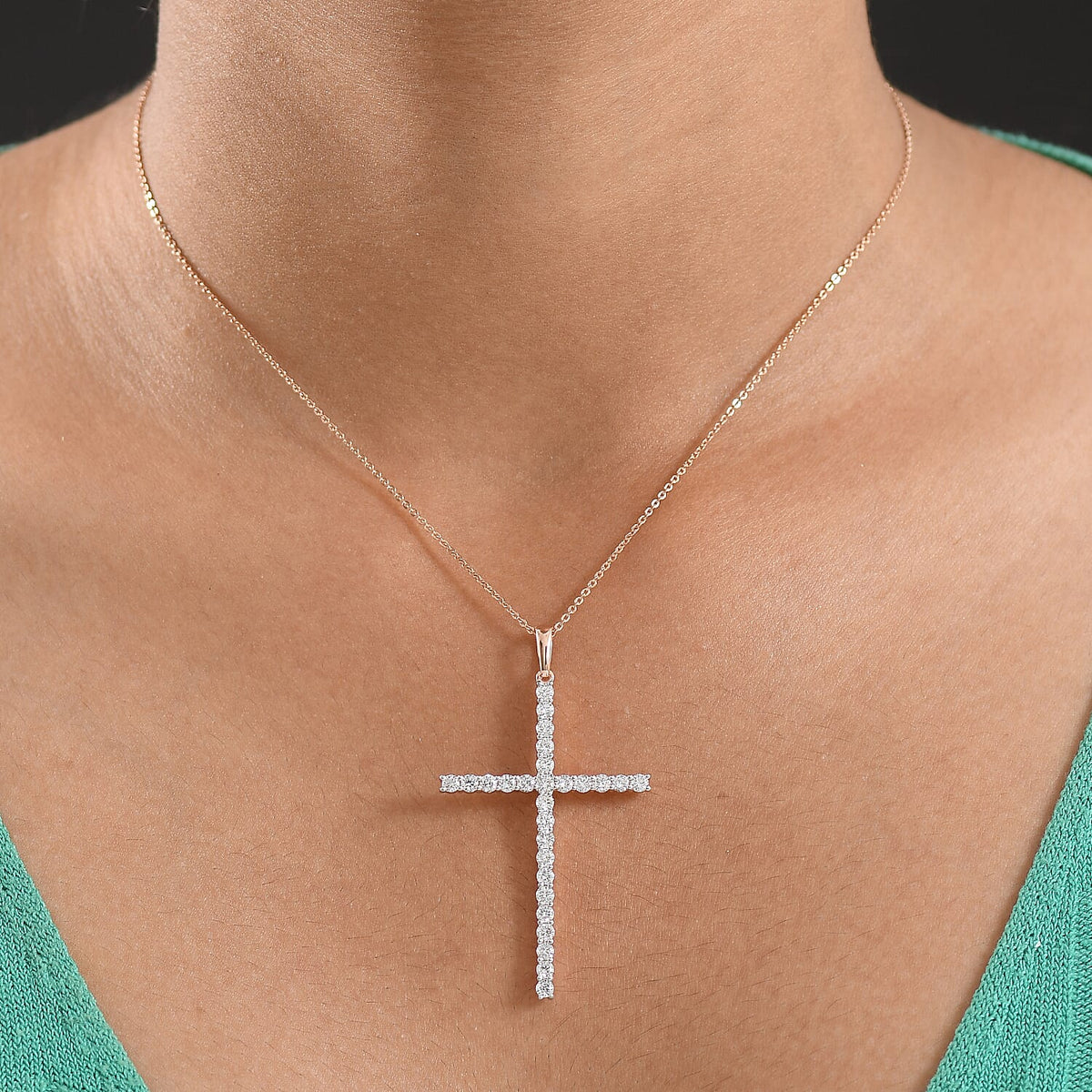 LUXURIANT 1.5 Ct. Lab Grown Diamond Cross Pendant with Torn Chain 19DC (Size 20) in 18K Vermeil Rose Gold Over Sterling Silver (SI-GH) 4428968 2