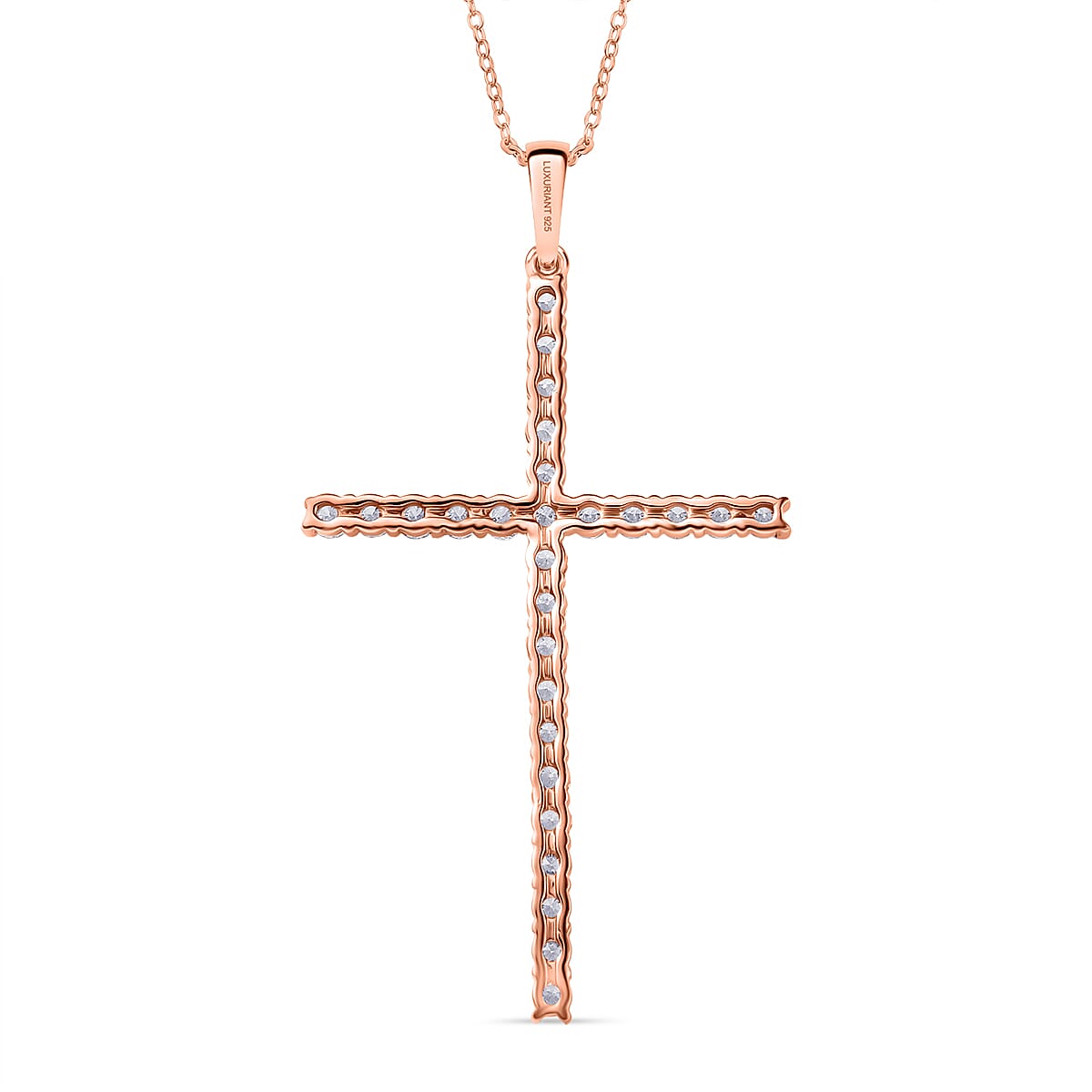 LUXURIANT 1.5 Ct. Lab Grown Diamond Cross Pendant with Torn Chain 19DC (Size 20) in 18K Vermeil Rose Gold Over Sterling Silver (SI-GH) 4428968 5